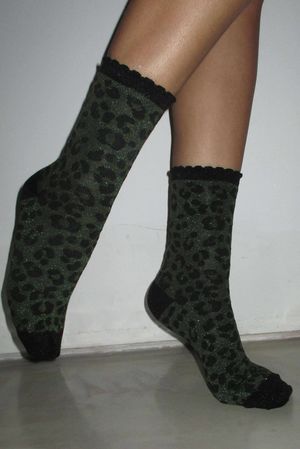 Leopard Scalloped Glitter Socks Olive Black